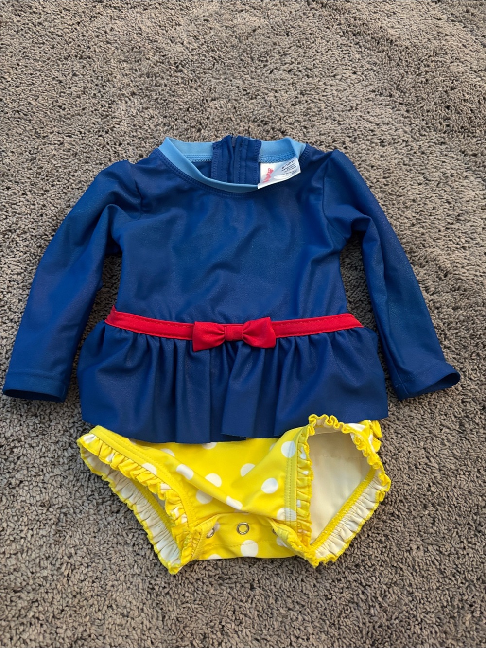Girls Navy Long-Sleeve Swim Top with Yellow Polka Dot Bottoms